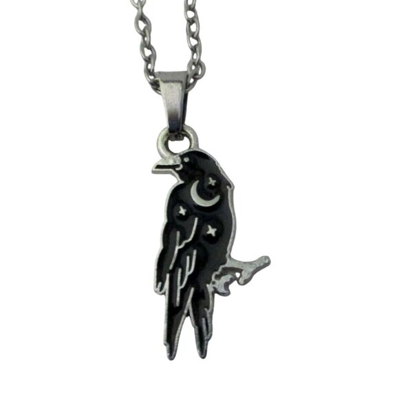 New Raven Crow Pendant Necklace W Crescent Moon & Stars On 18" Stainless Chain - Picture 1 of 5